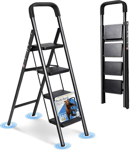 4 Step Ladder Folding Step Stool with Handrail | 500LBS Capacity Sturdy Carbon Steel Frame Anti-Slip Pedal & Feet Portable for Home Kitchen Garage Bathroom (black-4step)