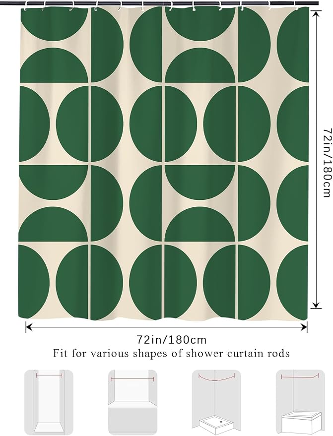 Green Mid Century Modern Shower Curtain, Boho Abstract Geometric Retro Art Bath Curtains for Bathroom, Colorful Unique Pattern Waterproof Polyester Fabric Bathroom Set 12 Hooks 72X78IN