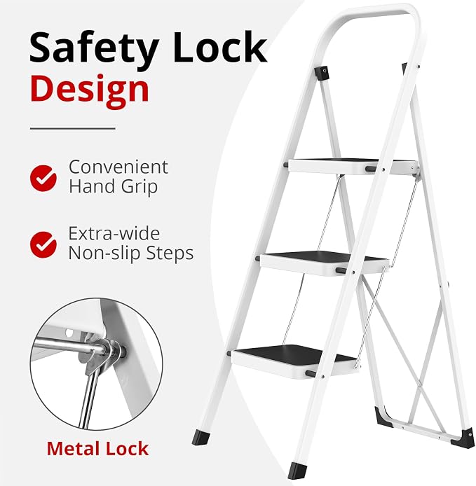 HBTower Step Ladder Folding Step Stool for Adults | 3 Step Ladder with Anti-Slip Pedal, 330 lbs Capacity for Kitchen, Home, White