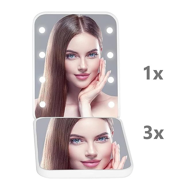Kintion Pocket Mirror, 1X/3X Magnification LED Compact Mirror (White) | Travel Mirror with Light for Purse, 2-Sided, Portable, Folding, Handheld, Small Lighted Mirror for Gift