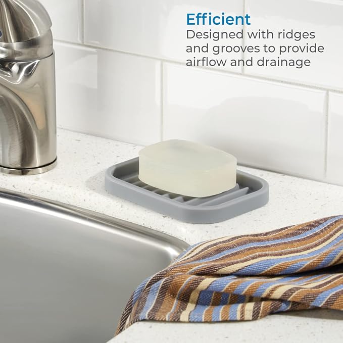 iDesign Silicone Soap Dish, Gray, Rectangular, 5" x 3.5" x 5" | Soap Saver, Kitchen Sponge Holder, The Lineo Collection