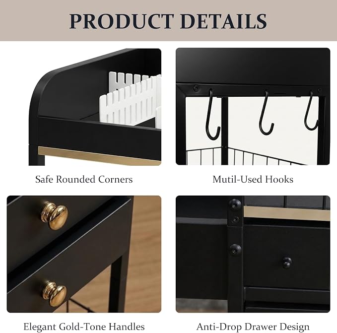Makeup Organizer Cart, Rolling Floor Skincare Organizer and Storage with 2 Wooden Drawers, Cosmetics Display Cases Holder for Skin Care Perfume Hair Tools Nail Polish(Black&Glod)