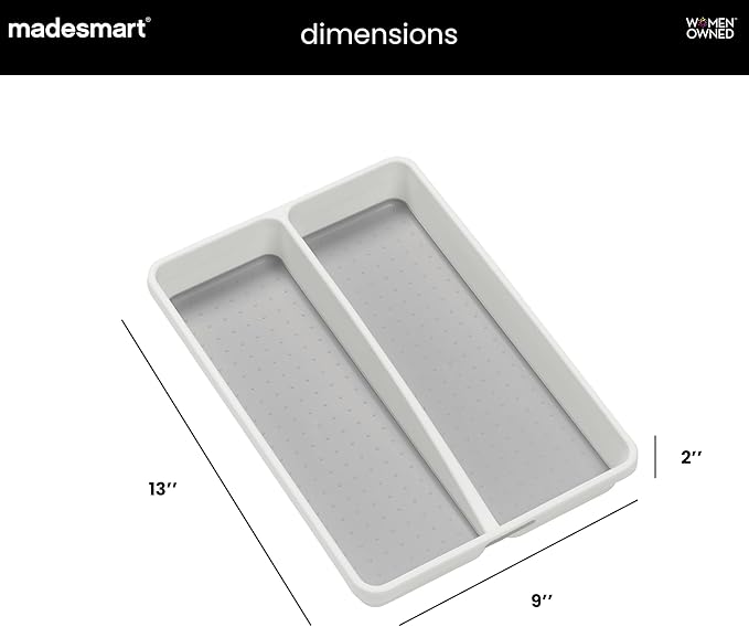 madesmart Classic 2 Compartment Compact Utensil Tray, White | non slip feet, rounded corners, soft grip lining, wide channels, spatulas whisks tongs, ladles serving spoons, woman owned