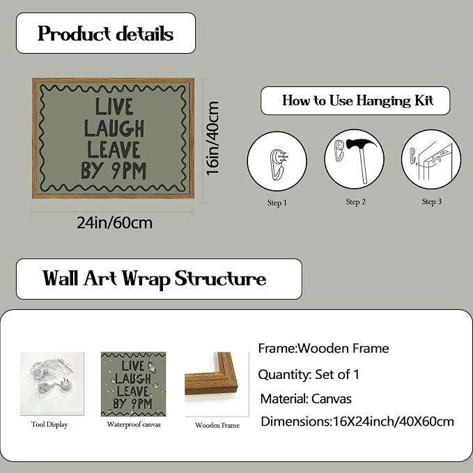 Live Laugh Leave By 9PM Wall Art Funny Quote Sign Wall Decor Picture Trendy Minimalist Dorm Poster Canvas Painting Prints for Bedroom Living Room 24x16 inch Wood Framed