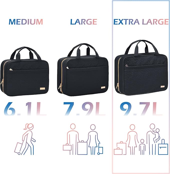 NISHEL Travel Toiletry Bag for women, Portable Hanging Organizer for Family-Sized Shampoo, Conditioner, Brushes Set, Makeup Accessories, Extra Large Size, Black | for FamilySized Shampoo, Conditioner, Brushes Set, makeup Accessories, Extra Large Size, ...