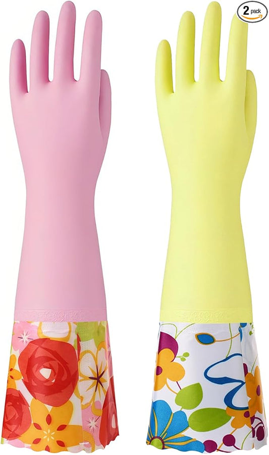 Bamllum 16-Inch Latex-Free Cleaning Gloves, Cotton Flocked Liner, Small | Reusable Dishwashing Gloves with Long Cuffs and a Non-Slip Grip, in Pink and Yellow