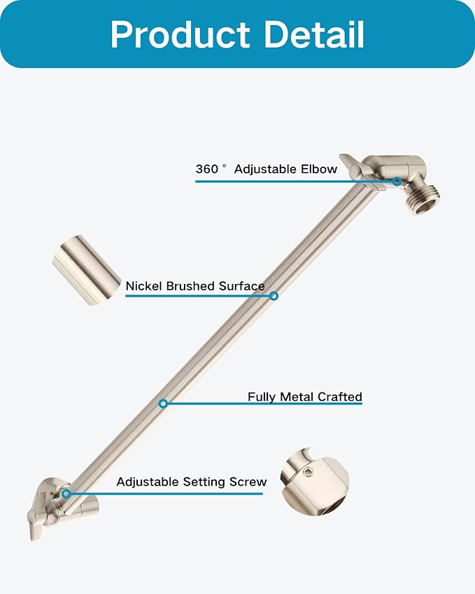 15 Inch Extra Long Adjustable Shower Head Extension Arm With Locking Set Screw, Singing Rain 304 Stainless Steel Angle Height Adjustable, G1/2 Universal Connector Compatible (Nickel Brushed)