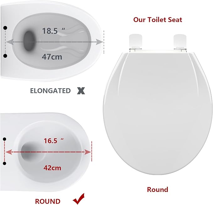 Round Toilet Seat Slow Close, 17" Round White Polypropylene Toilet Seat Cover with Never Loosen Durable Lid, Quiet and Easy to Install & Clean