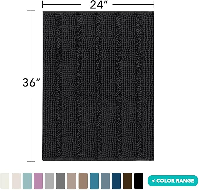 Turquoize Chenille Bath Rugs Shaggy Bathroom Rugs Non Slip Bath Rugs for Bathroom 24 x 36 Black Bath Rug Extra Soft and Absorbent Area Rug, 24"x 36", Black