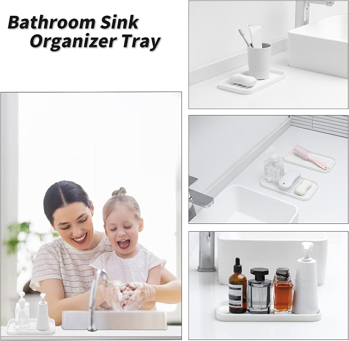 MicoYang Silicone Kitchen Sink Organizer Tray for Multiple Usage,Eco-Friendly Sponges Holder for Kitchen Bathroom Counter or Sink,Dish Soap Dispenser,Scrubber,Bottle,Cup (White, 10"×5.3")