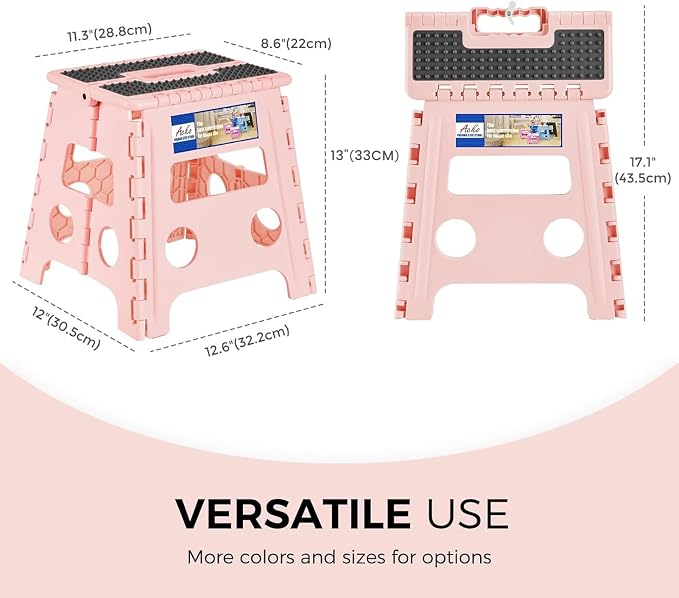 ACKO 13" Folding Step Stool, Non-Slip Surface for Adults & Kids, Dot Pink | Collapsible Heavy Duty Foldable Stools, Portable Foot Stepping Stool Holds 300 lbs, Kitchen Bathroom Outdoor, Built-in Handle