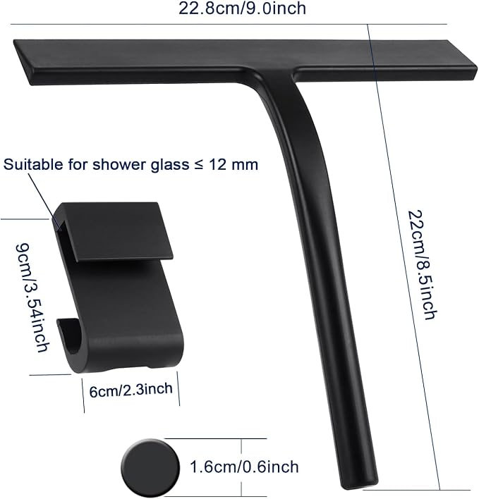 Silicone Shower Squeegee, Black, 9 inch | All-Purpose, For Shower Glass Door, With Hook, Household Cleaner Tool