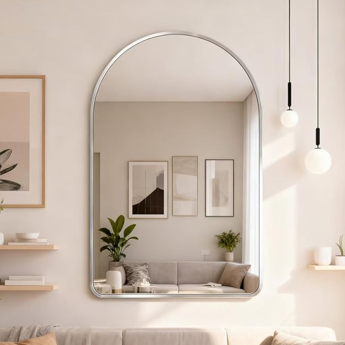 Arched Bathroom Mirror 20"x28", Silver, Tempered Glass | arch bathroom mirror silver wall mounted vanity tempered glass metal frame bedroom entryway living room