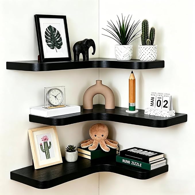 Floating Corner Shelves, Wall Shelf Set of 3, Shelves for Wall Storage, Solid Wood Shelves for Storage, Wall Mount Wooden Display Shelf for Bathroom Bedroom Kitchen Garage (Black 3 Pcs)