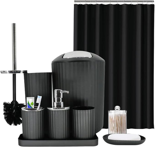 Black Bathroom Accessories Set, 10Pcs Bathroom Accessory Sets Complete with Trash Can, Shower Curtain, Vanity Tray, Soap Dispenser, Soap Dish, Toothbrush Holder&Cup, Toilet Brush&Holder, Qtip Holder
