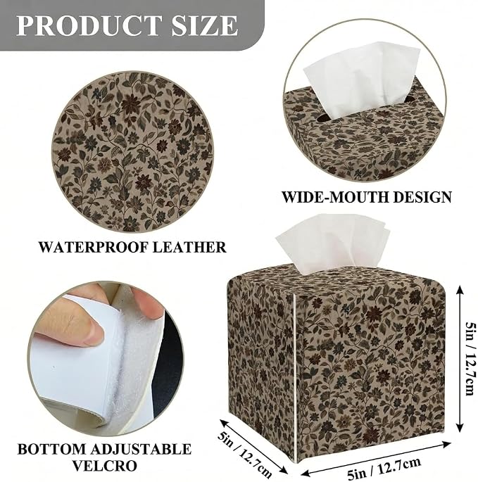 Tissue Box Cover Holder Square - Vintage Boho PU Leather Decorative Organizer, Ethnic Carpet Pattern Design Inspired, with Bottom Belt for Bathroom Car Office Tabletop Home, 5x5 Inch (Brown)