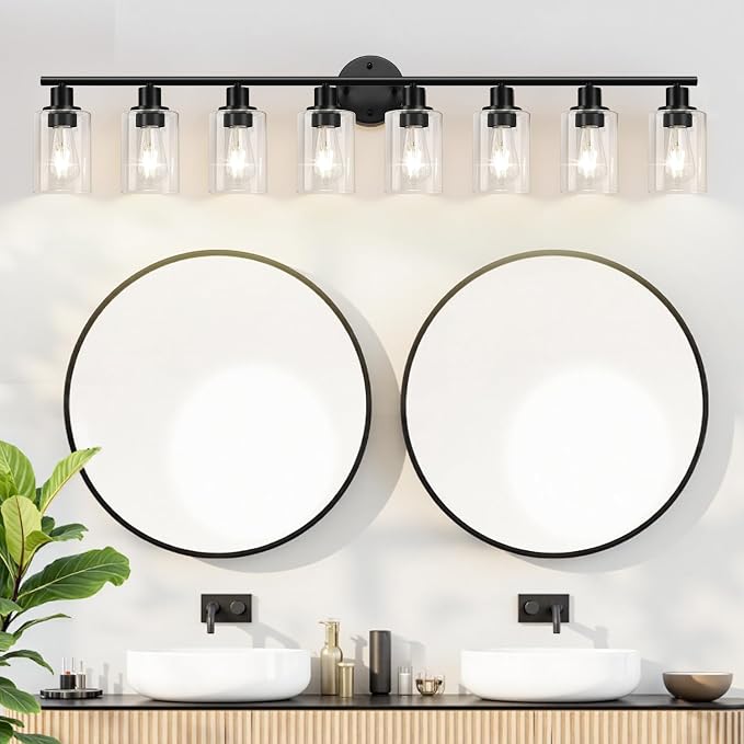 Zarbitta 8-Light Bathroom Light Fixtures, Black Modern Vanity Lights with Clear Glass Shade, Bathroom Wall Lamp, for Mirror Kitchen Living Room Hallway Cabinet Porch