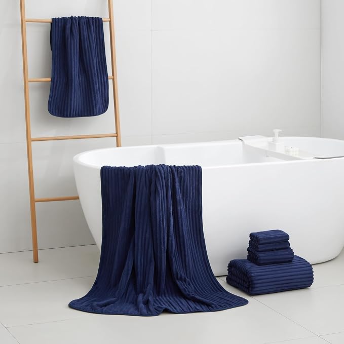 6 PC Bath Towel Set, 40"x80" Oversized Bath Sheets, Navy Blue | Microfiber, Quick Dry, Highly Absorbent, Towels for Bathroom, 2 Extra Large Bath Towels, 2 Soft Hand Towels, 2 Washcloths