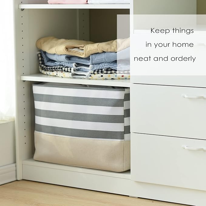 Jumbo Storage Bins Baskets, Sturdy Fabric Organizing Basket W/Handles, Decorative Foldable Storage Baskets for Shelves Closet Nursery Toy (Grey&White Stripes 3 Pack, 20.5Lx15.7Wx13.8H in)