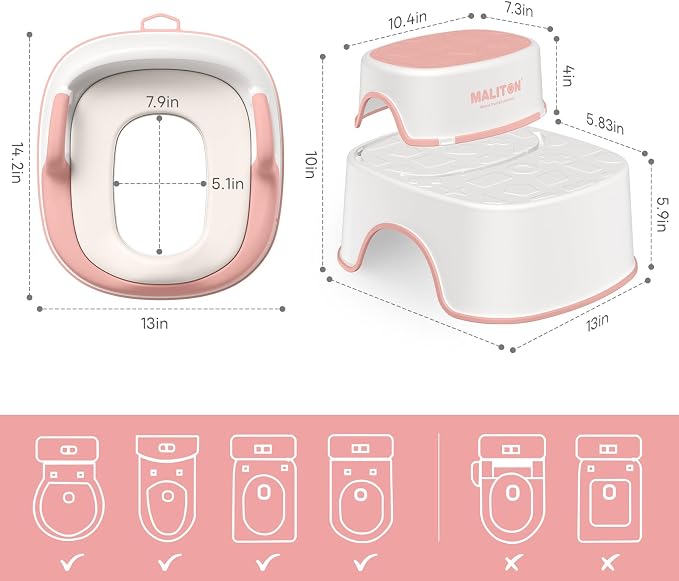 Maliton Potty Training Seat 2-in-1 with Step Stool & Anti-Slip Pink | ﻿ Potty Seat + Separate Step Stool, Adjustable Fits More Toilets, Anti-Slip, Sturdy, Splash Guard, Easy clean，Boys & Girls.