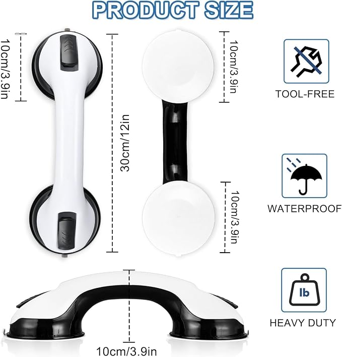 MCDEX Grab Bars for Shower, 12 Inch Shower Handle for Seniors, 2 Pack | Strong Suction Cup, for Elderly, Handicap, Bathroom Wall, No Drill, Waterproof, Anti-Slip, Removable