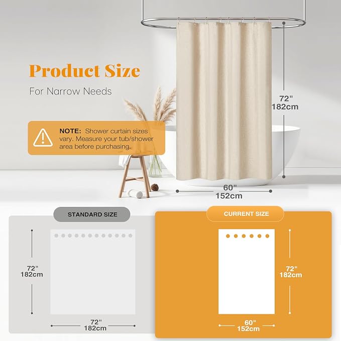 60x72 Linen Textured Waterproof Fabric Shower Curtain, Beige/Cream | Narrow Size, 230GSM Polyester, Heavy Duty Cloth, Weighted Hem, 10 Plastic Hooks, Modern Luxury Hotel Style, Machine Washable