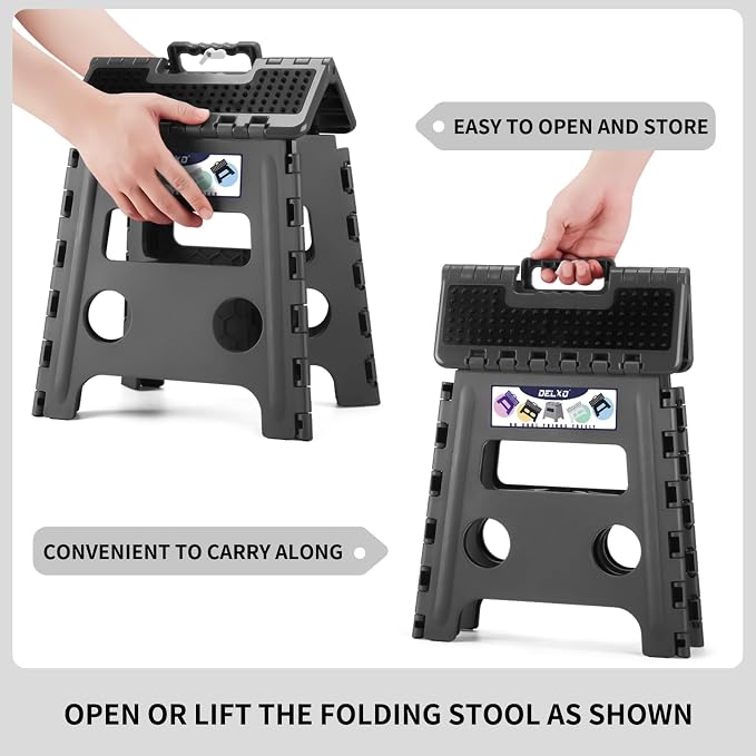 Delxo Folding Step Stool 13 Inch,300 Lbs Step Stool for Adults Dark Grey | Foldable Step Stool 13",Non-Slip Foot Stools with Handle,Lightweight Collapsible stools for Kitchen,Bathroom,Bedroom,Garden