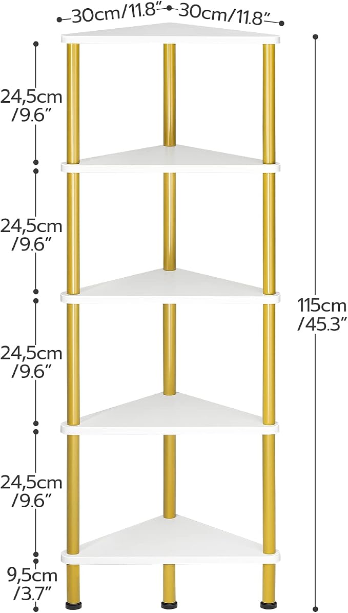 HOOBRO Corner Shelf Stand, Industrial 5-Tier Wall Corner Bookshelf with Metal Frame, Plant Display Shelf, Bookcase for Small Spaces, Bedroom, Living Room, White and Gold DW33CJ01