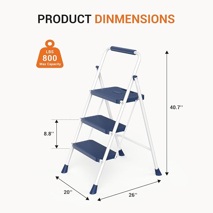Sweetcrispy 3 Step Ladder, 800lbs Folding Sturdy Step Stool | Portable Stepping Stool with Wide Anti-Silp Pedal & Cushioned Handle, for Home Kitchen and Outdoor - Blue