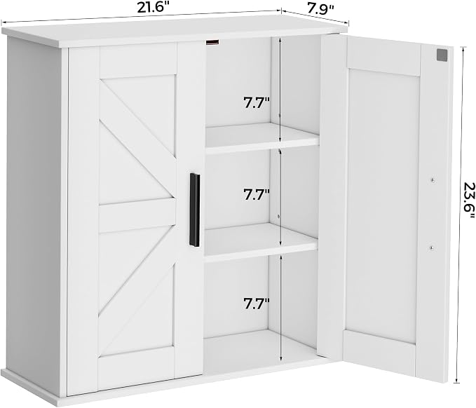 Homleke Bathroom Wall Cabinet, Medicine Cabinet with Adjustable Shelves | 3-Tier Wall Mounted Over Toilet Storage with Barn Doors, for Bathroom, Kitchen, Entryway, Laundry Room, White, (7.9" D)