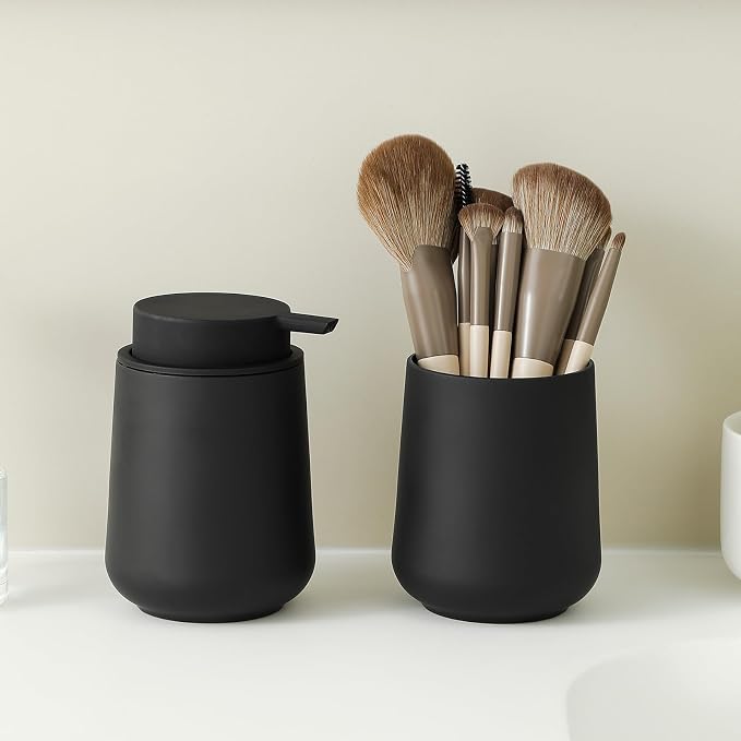 YAUKPH Bathroom Soap Dispenser and Toothbrush Holder Matte Black | Bathroom Accessories Set 2 Piece for Bathroom Countertop Storage and Decor