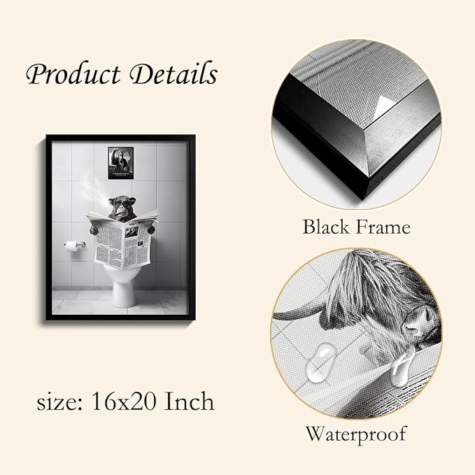 Ardakar Black and White Wall Art, Framed Bathroom Decor Wall Art, Funny Animal Bathroom Wall Decor, Funny Chimpanzee on Toilet (Framed,16''x20'')