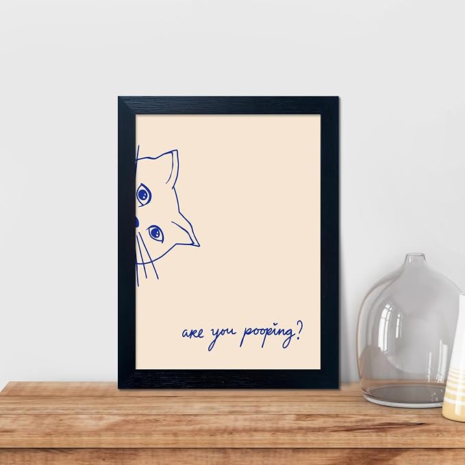 Are You Pooping Bathroom Sign Cat Toilet Decor Funny Bathroom Wall Art Framed Blue Cat Canvas Print Poster Minimalist Animal Painting