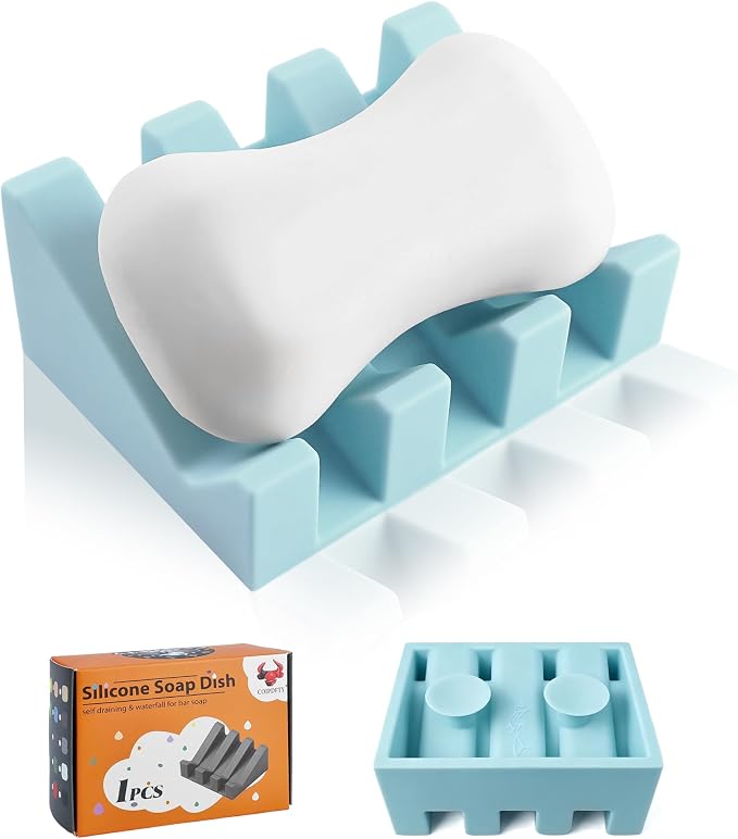 Soap Dish Holder for Shower with Suction Cup, Silicone Soap Holder & Saver Self-Draining Bar Soap Dish Keeps Soap Dry for Bathroom, Kitchen, Bathtub (Sky Blue,1-Pack)