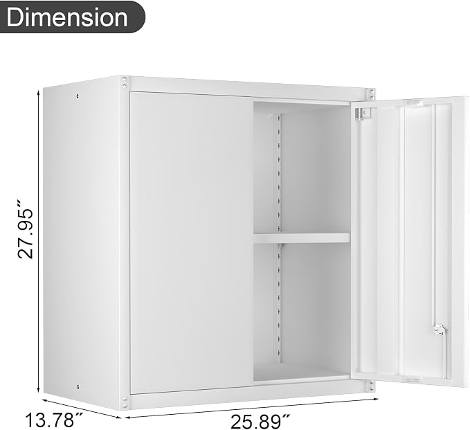 Wall Cabinet,Metal Wall Cabinet for Garage with Lock,Metal Locking Storage Cabinet with Adjustable Shelf for Kitchen,Home Office,White