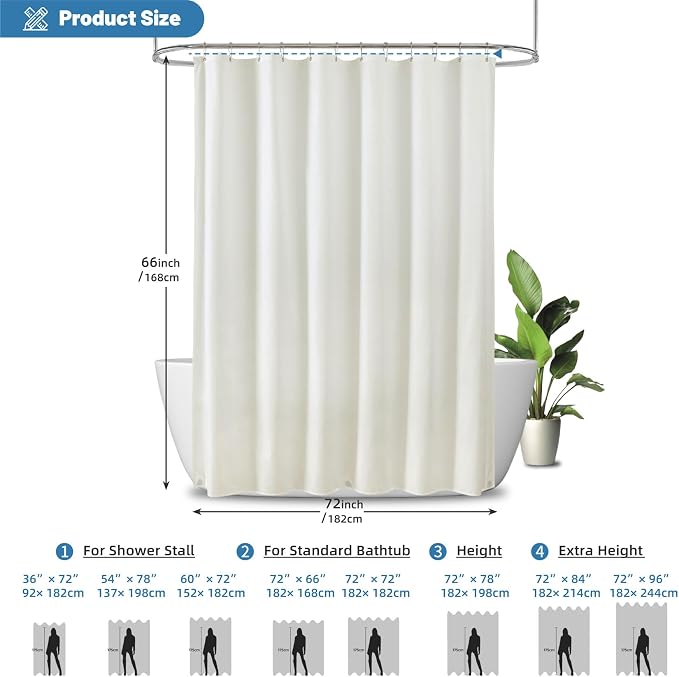1 Pack Water-Repellent Fabric Shower Curtain Liner, 72x66 Cream | 100% polyester, 3 Magnets, Rustproof Grommets & Weighted Hem, quick-dry, machine washable, hotel quality for bathroom