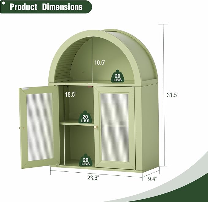 Medicine Cabinet with Arched Top, Bathroom Wall Cabinet Over Toilet with Wave Pattern Tempered Glass Doors and Removable Shelf, Arch Hanging Cabinets for Kitchen, Living Room, Laundry Room, Green