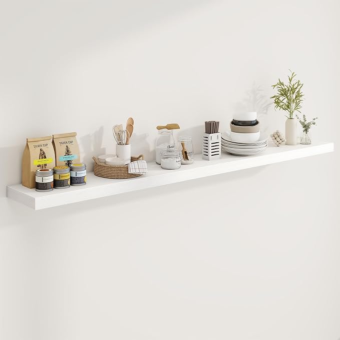 Marsmiles 72in Floating Shelves for Wall, 72" W x 9.25" D x 1.5" H, White | Long Wall Mounted Engineered Wood Shelves for Wall with Invisible Brackets for Living Room, Bedroom, Bathroom, Kitchen