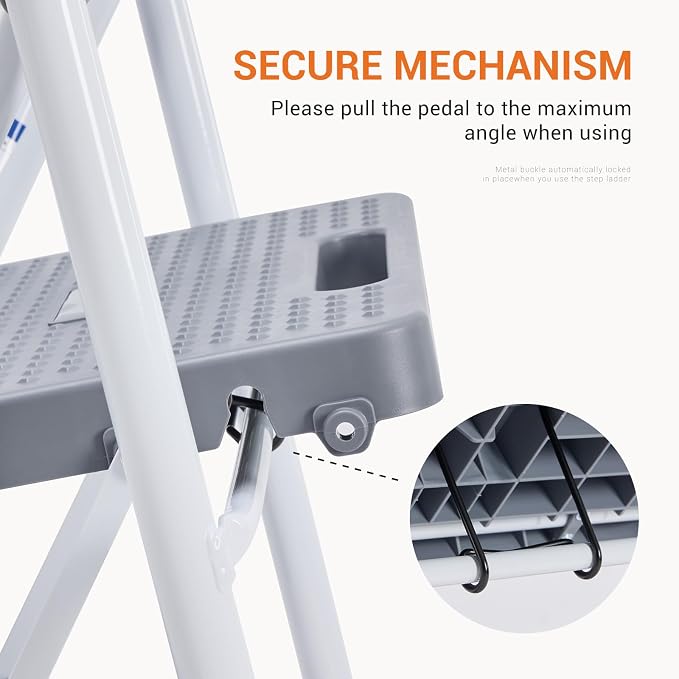Sweetcrispy 3 Step Ladder, 800lbs Heavy-Duty Sturdy Folding Step Stool | Lightweight Portable Stepping Stool with Wide Anti-Slip Pedal, Cushioned Handle, for Home Kitchen and Outdoor, Grey