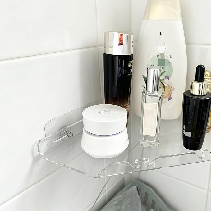 Corner Shower Caddy Shelf Rack, 10"x10" 1 Tier Clear | 2 Tier Adhesive Shower Organizer Essentials, No Drilling Acrylic Bathroom Storage Rack, With Hooks
