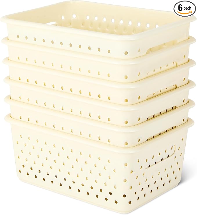 Amazon Basics Decorative BPA-Free Plastic Storage Baskets, 9.9 x 7.4 x 4.16 in, Ivory, 6-Pack