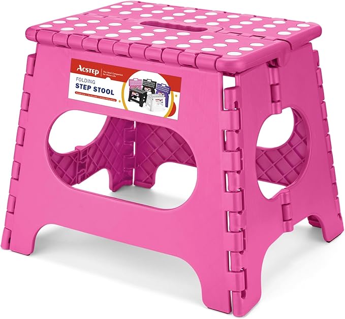 11" Folding Step Stool for Kids and Adults, Holds 300 lb, Rose red | Heavy Duty Collapsible Foot Stool, Lightweight with Built-in Handle, Non-Slip for Adults Kitchen Bathroom Bedroom Outdoor
