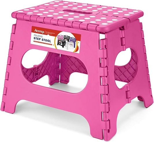 11" Folding Step Stool for Kids and Adults, Holds 300 lb, Rose red | Heavy Duty Collapsible Foot Stool, Lightweight with Built-in Handle, Non-Slip for Adults Kitchen Bathroom Bedroom Outdoor