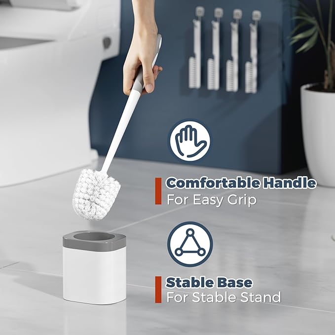 Holaloha Toilet Brush and Holder Set, Space Saving, 4 Pack, White | Bathroom Accessories, Ergonomic Silicone Handle, Dense Bristles, Deep Cleaning, with 4 Crevice Brushes, Compact Design