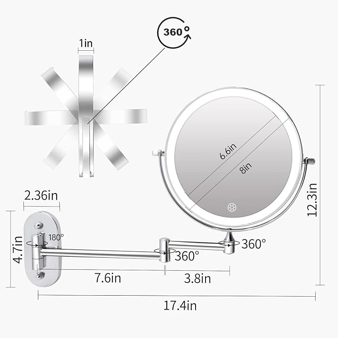 FUNTOUCH 5000mAh Rechargeable Wall Mounted Lighted Makeup Mirror 1X30X | Double Sided 1X 30X Magnifying, 3 Color Lighting, Touch Screen Dimming, Extended Arm 360 Rotation Shaving Bathroom Mirror