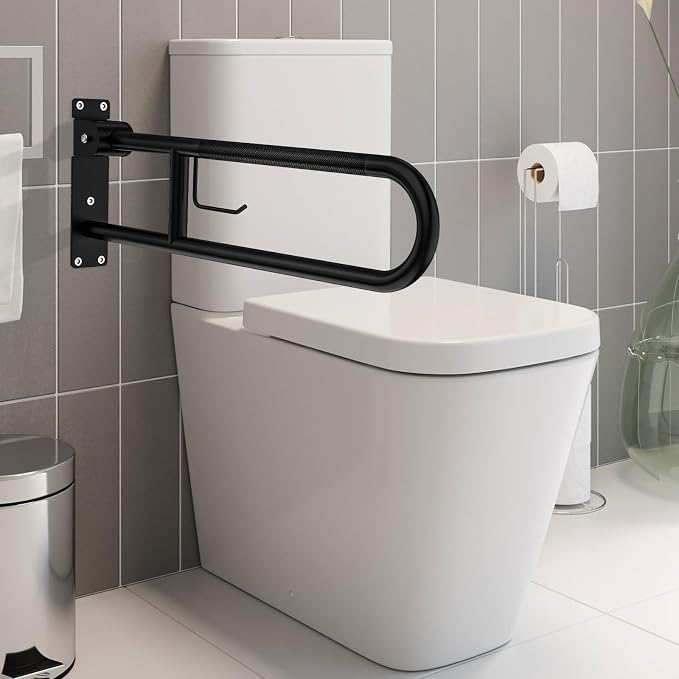 Toilet Grab Bar 32 Inch, YuanDe Flip Up Grab Bar with Paper Holder | Matte Black Anti-Slip Safety Bars for Toilet, Stainless Steel Knurled Toilet Handles for Seniors Disabled Elderly Pregnant