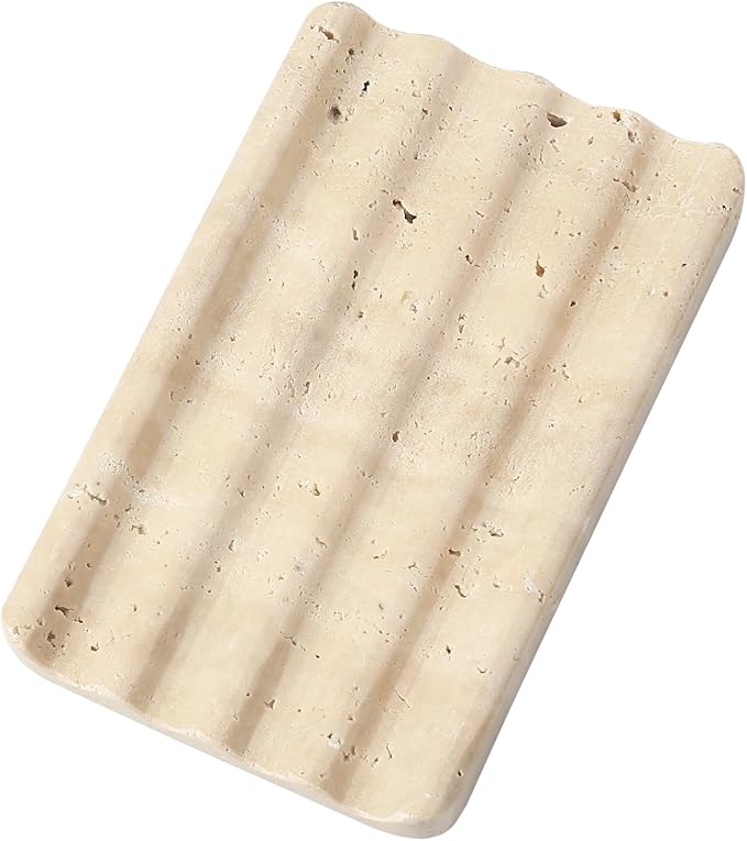 Natural Travertine Soap Dish for Bathroom Shower, Marble Soap Tray Travertine Dish for Bathroom, Stone Soap Tray for Sink, Stripe Grooves Soap Saver Keep Soap Bars Dry Easy Clean
