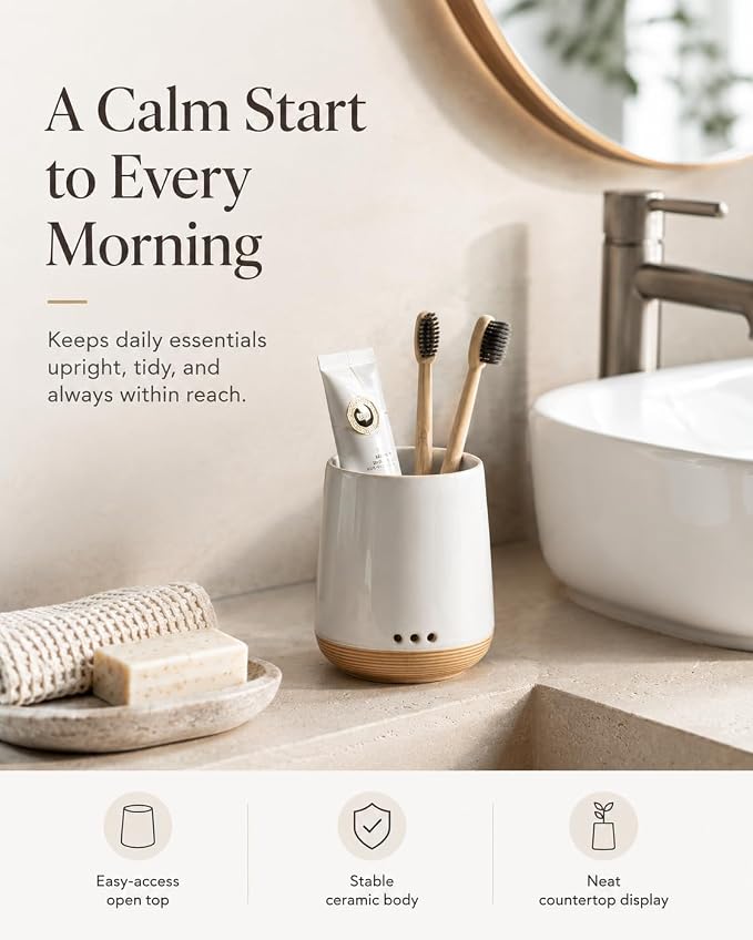 LYEOBOH Ceramic Toothbrush Cup, Cute Toothbrush Holder with Drainage,White | Farmhouse Tooth Brush Holder for Bathroom, Countertop Toothbrush Organizer, Electric Toothbrush Storage for Kids & Family