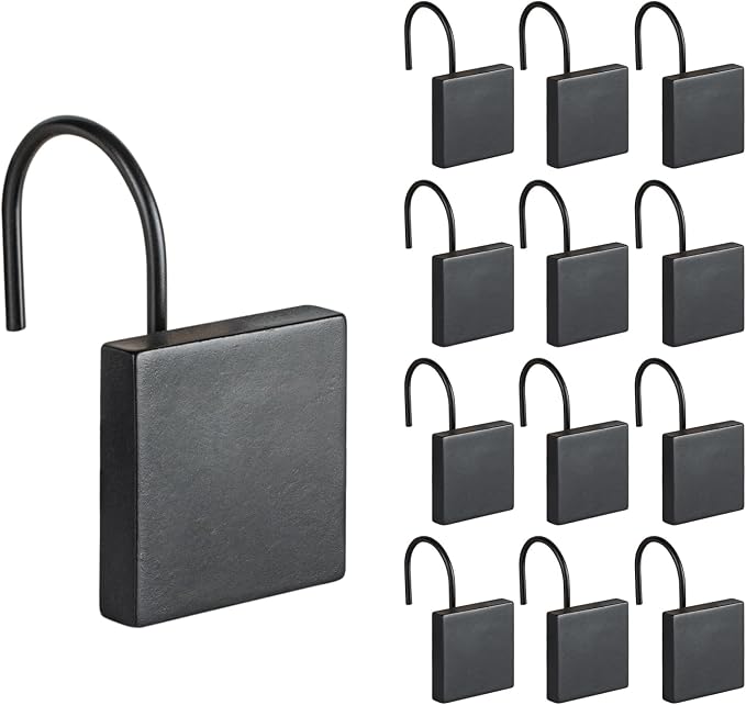 Square Shower Curtain Hooks, Decorative Bathroom Curtain Rings, Black | Modern Boho Farmhouse Decor, Smooth Gliding Design, Set of 12