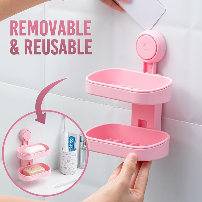 TAILI Soap Holder, Soap Dish for Shower Suction Cup, Bar Soap Holder, Pink | 2 Layer Removable Soap Holder Shower, Soap Tray for Shower Wall, Drill Free Sponge Holder, Bathroom & Kitchen, No drill